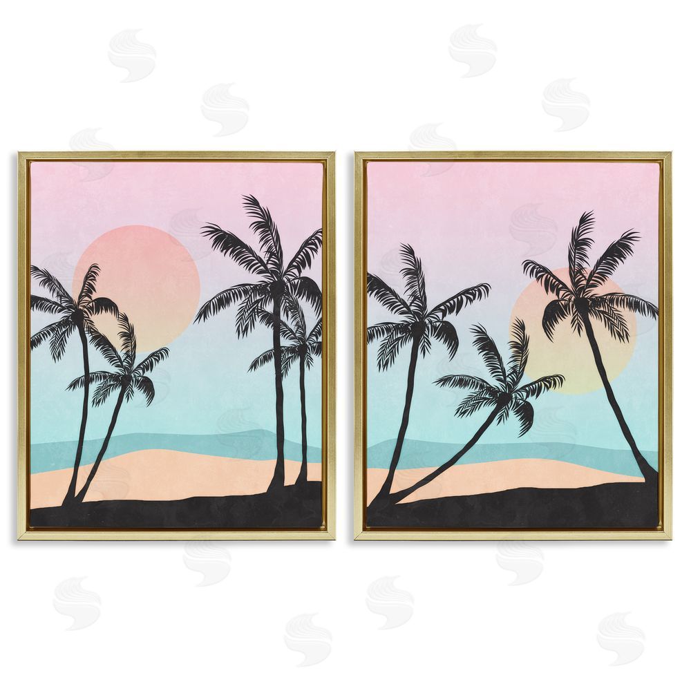 Nina Blue Tropical Sunset Sunrise Palm Tree Beach  Gold Floating Frame Canvas Wall Art Print