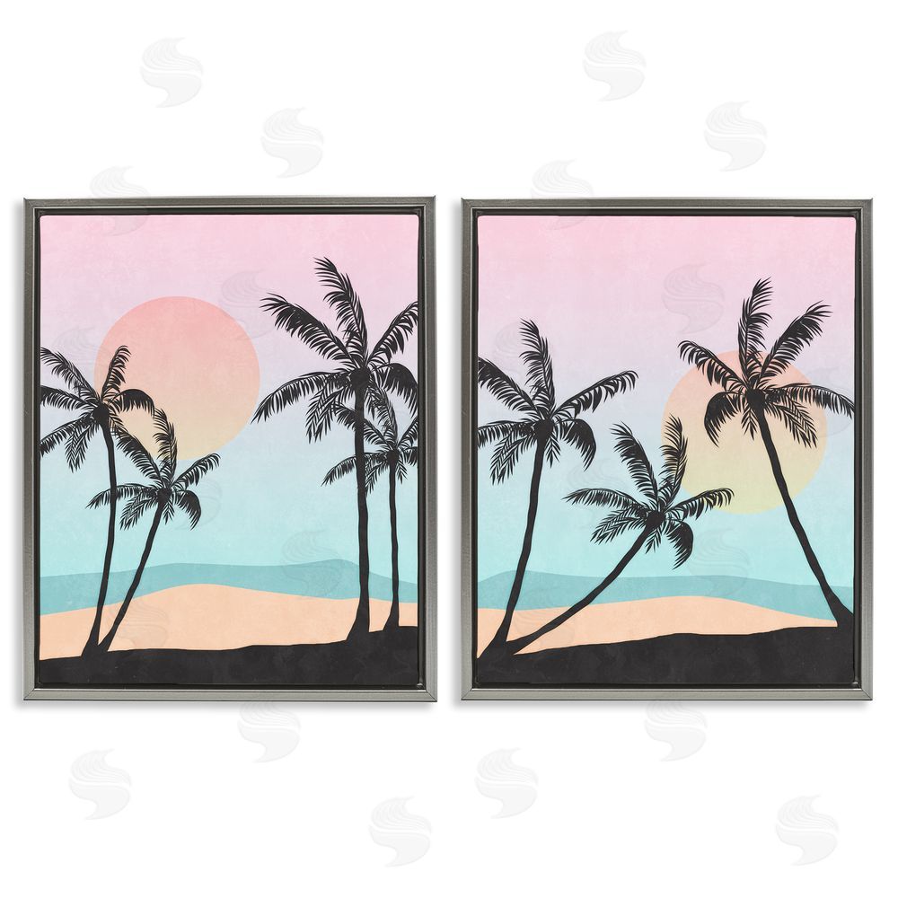 Nina Blue Tropical Sunset Sunrise Palm Tree Beach  Gray Floating Frame Canvas Wall Art Print