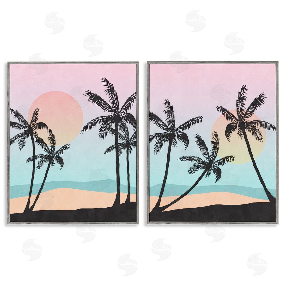 Nina Blue Tropical Sunset Sunrise Palm Tree Beach  Gray Framed Giclee Wall Art Print