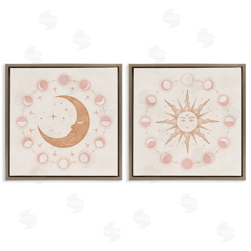 Nina Blue Celestial Sun Moon Phases Astrology  Brown Floating Frame Canvas Wall Art Print