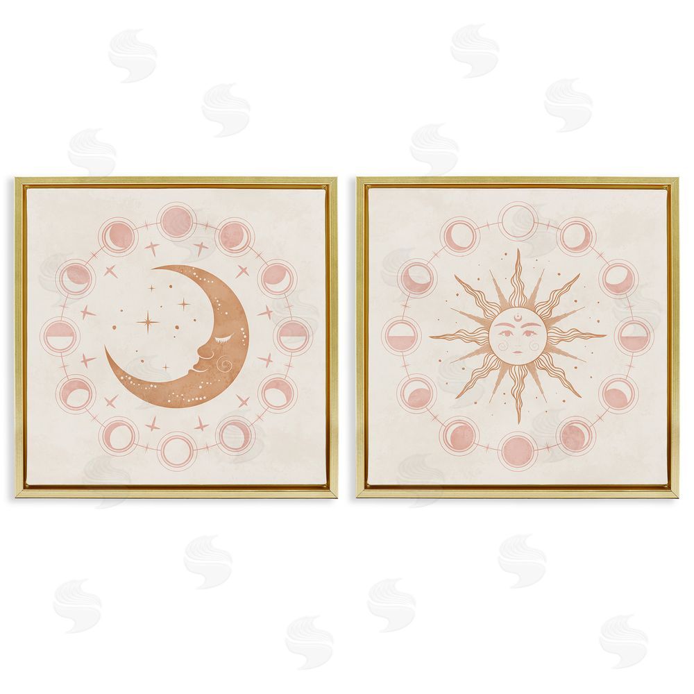 Nina Blue Celestial Sun Moon Phases Astrology  Gold Floating Frame Canvas Wall Art Print