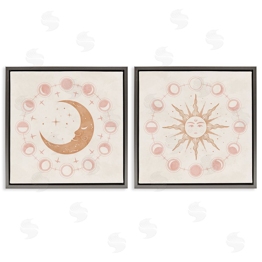 Nina Blue Celestial Sun Moon Phases Astrology  Gray Floating Frame Canvas Wall Art Print