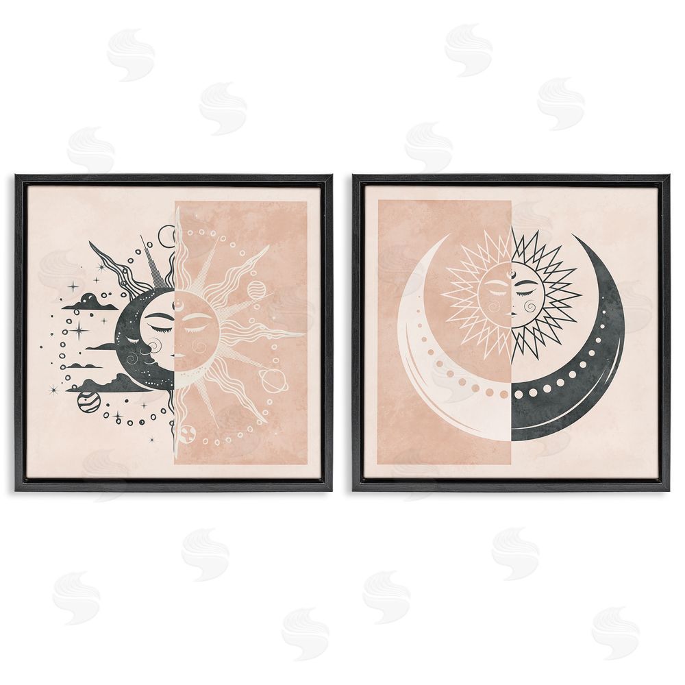 Nina Blue Celestial Sun Moon Stars Planets Astrology Motif  Black Floating Frame Canvas Wall Art Print