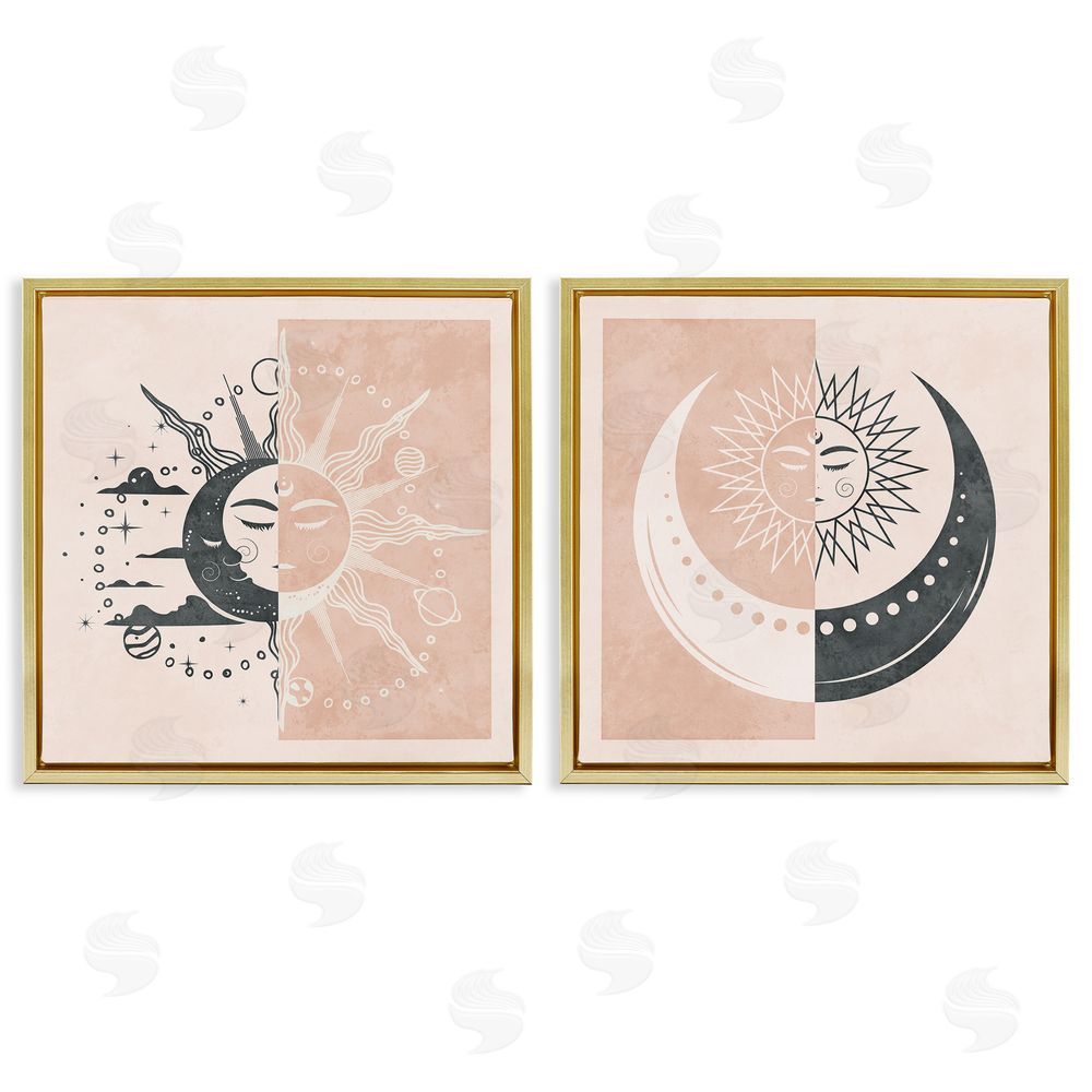 Nina Blue Celestial Sun Moon Stars Planets Astrology Motif  Gold Floating Frame Canvas Wall Art Print