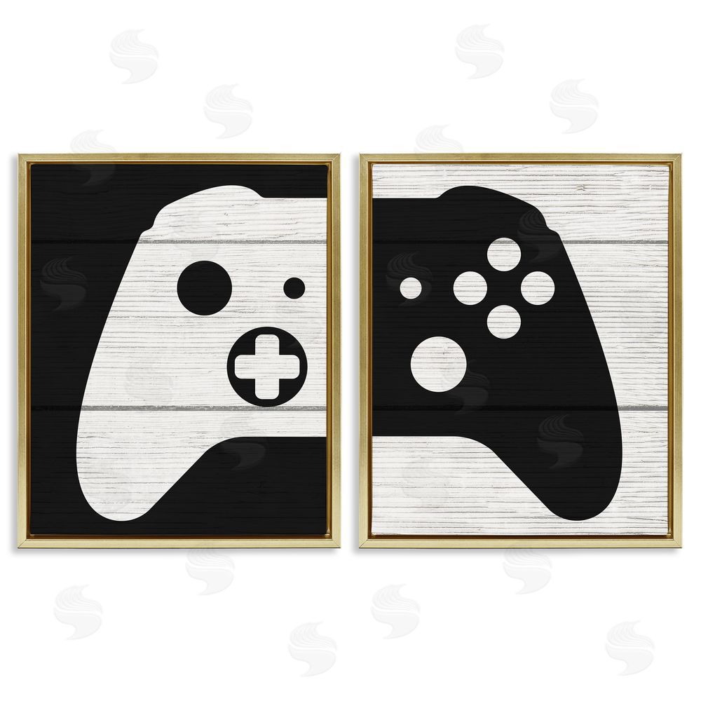 Stupell Studio Gaming Controller Monochromatic Grain Pattern Gold Floating Frame Canvas Wall Art Print