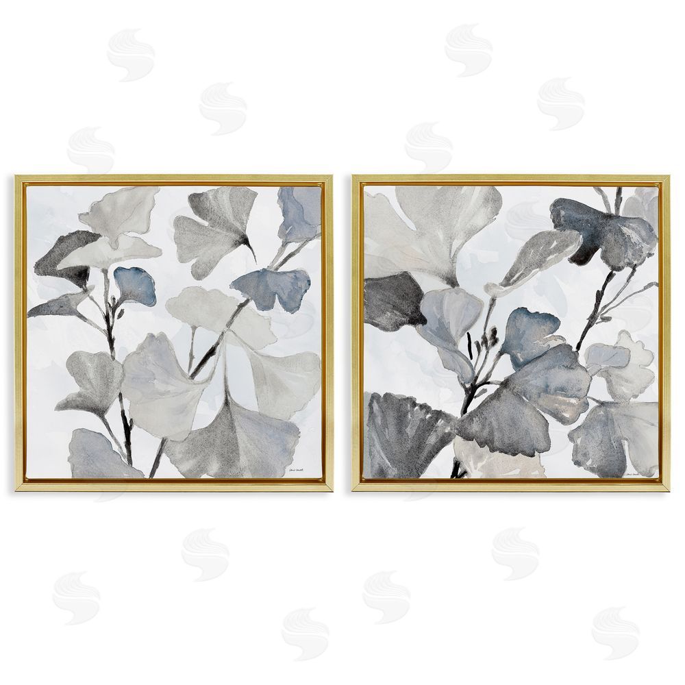Lanie Loreth Elegant Monochromatic Plant Leaves  Gold Floating Frame Canvas Wall Art Print