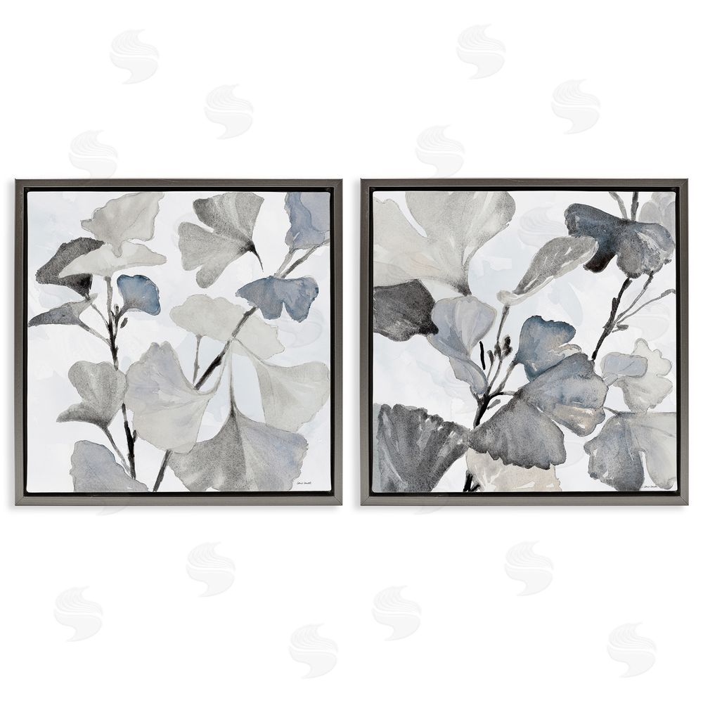 Lanie Loreth Elegant Monochromatic Plant Leaves  Gray Floating Frame Canvas Wall Art Print