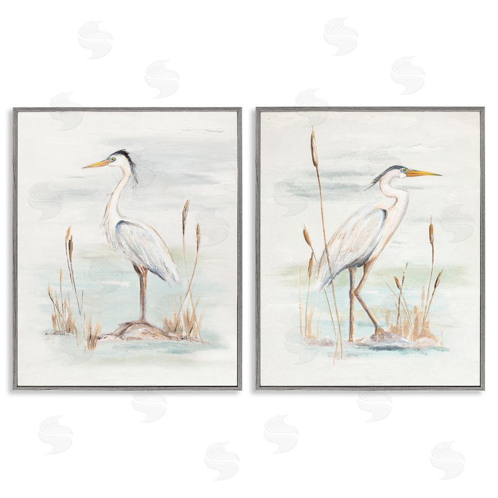 Patricia Pinto Elegant Heron Birds Cattails Plants In Water  Gray Framed Giclee Wall Art Print