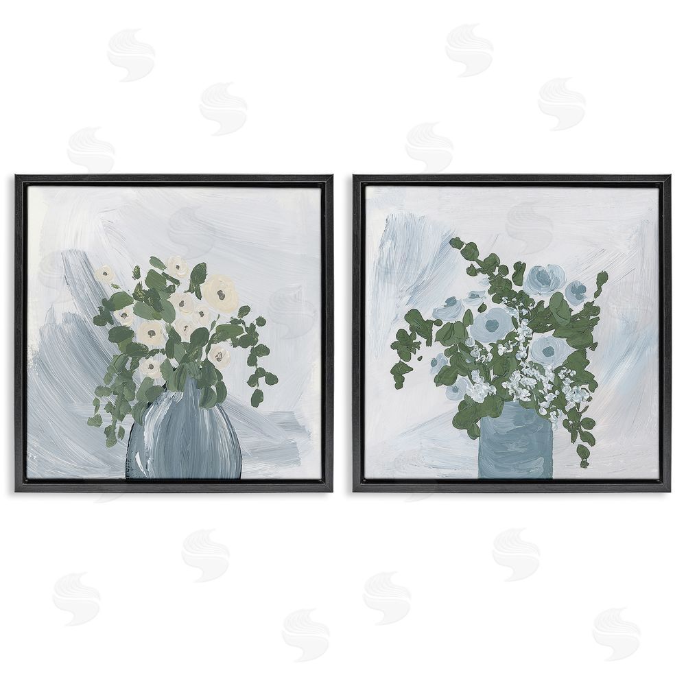 Lucille Price Painterly Blue Daises Flowers Plants Vase Black Floating Frame Canvas Wall Art Print