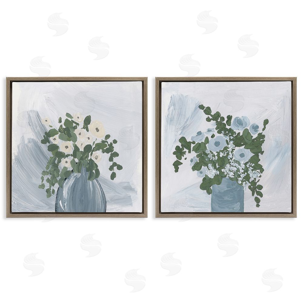 Lucille Price Painterly Blue Daises Flowers Plants Vase Brown Floating Frame Canvas Wall Art Print