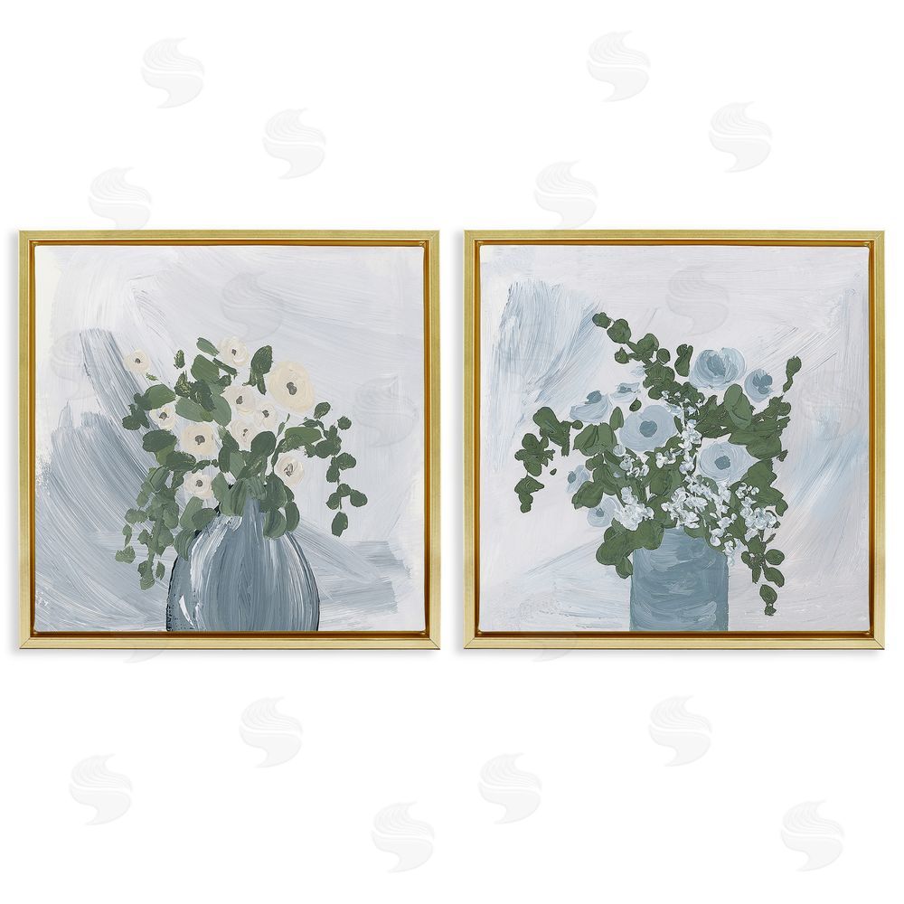 Lucille Price Painterly Blue Daises Flowers Plants Vase Gold Floating Frame Canvas Wall Art Print