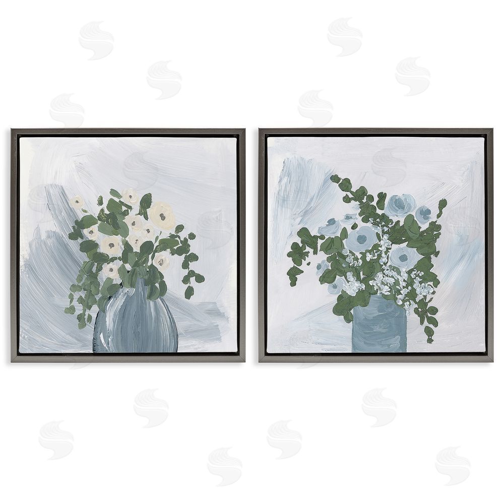 Lucille Price Painterly Blue Daises Flowers Plants Vase Gray Floating Frame Canvas Wall Art Print