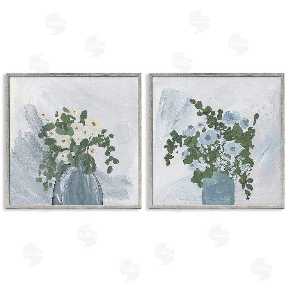 Lucille Price Painterly Blue Daises Flowers Plants Vase Gray Framed Giclee Wall Art Print