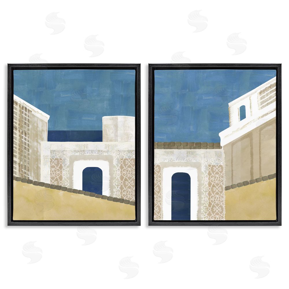 Flora Kouta Blocked Architecture Classic Tiled Building Black Floating Frame Canvas Wall Art Print