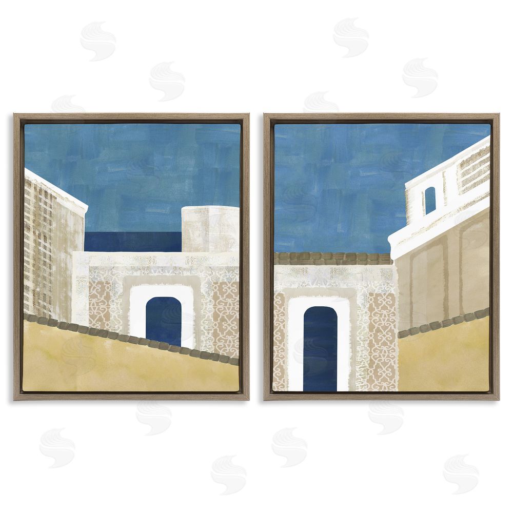Flora Kouta Blocked Architecture Classic Tiled Building Brown Floating Frame Canvas Wall Art Print