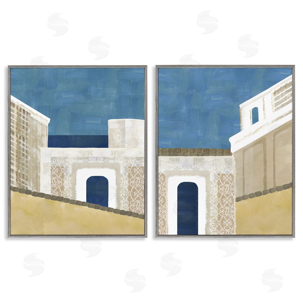 Flora Kouta Blocked Architecture Classic Tiled Building Gray Framed Giclee Wall Art Print
