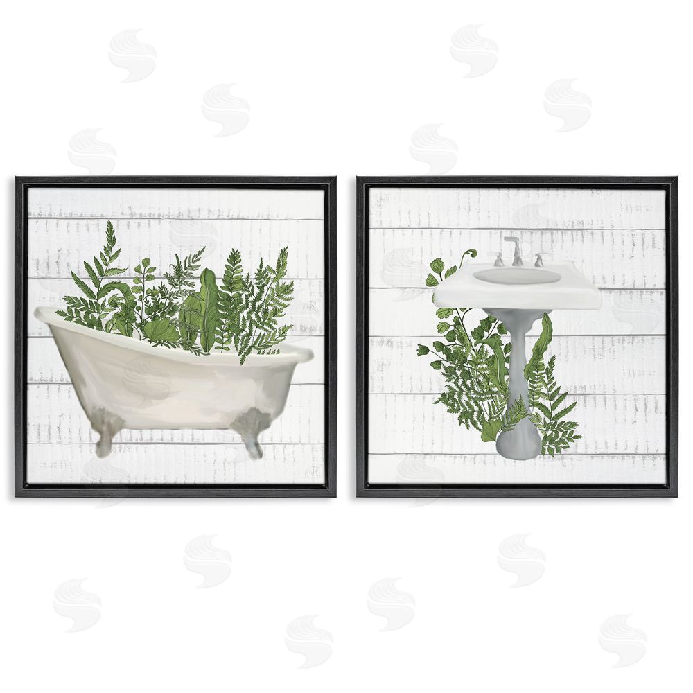 Kim Allen Rustic Botanical Herbs Bathroom Sink Ferns Black Floating Frame Canvas Wall Art Print