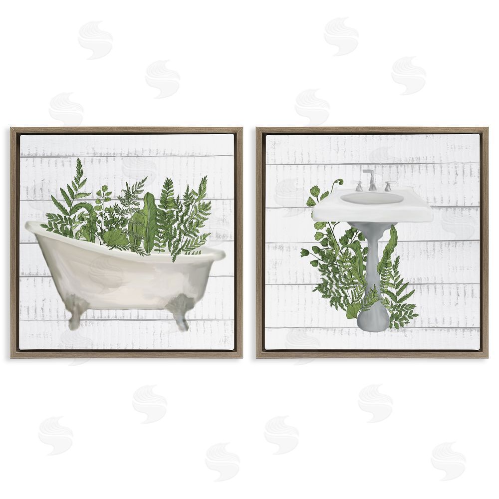 Kim Allen Rustic Botanical Herbs Bathroom Sink Ferns Brown Floating Frame Canvas Wall Art Print