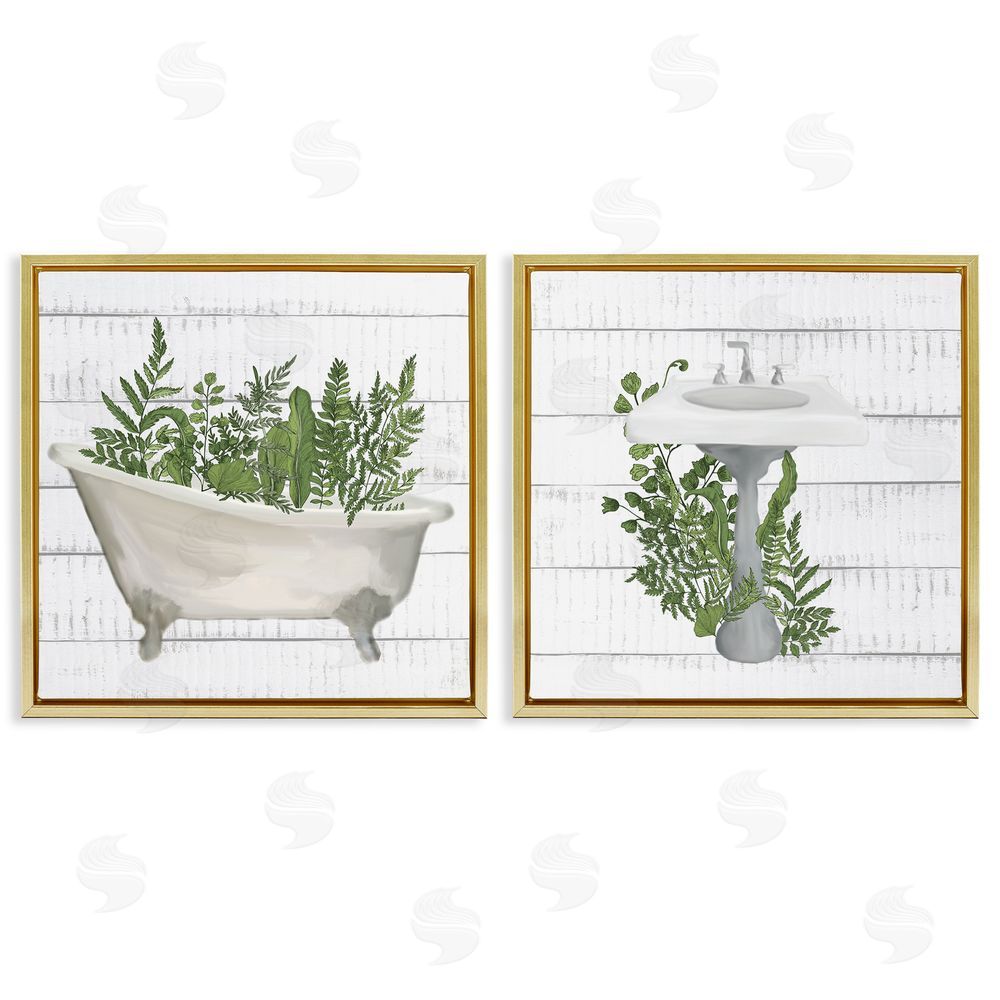 Kim Allen Rustic Botanical Herbs Bathroom Sink Ferns Gold Floating Frame Canvas Wall Art Print