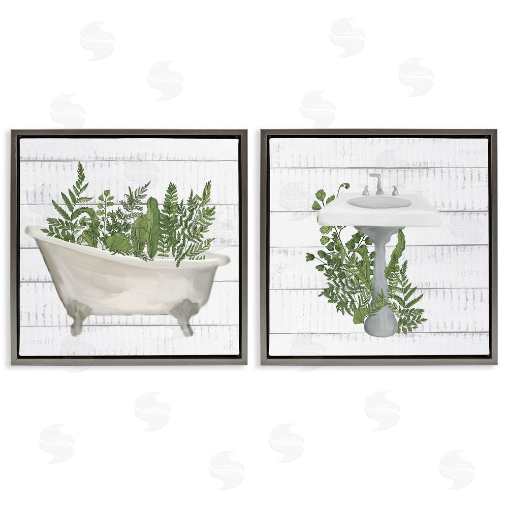 Kim Allen Rustic Botanical Herbs Bathroom Sink Ferns Gray Floating Frame Canvas Wall Art Print