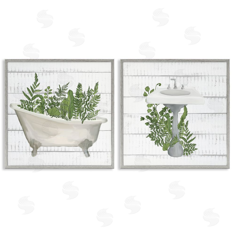 Kim Allen Rustic Botanical Herbs Bathroom Sink Ferns Gray Framed Giclee Wall Art Print