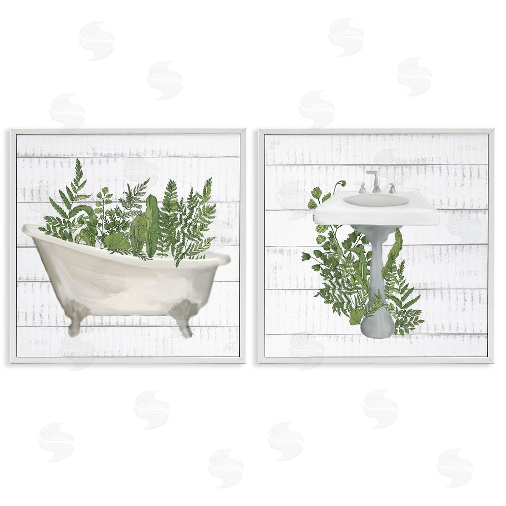 Kim Allen Rustic Botanical Herbs Bathroom Sink Ferns White Framed Giclee Wall Art Print