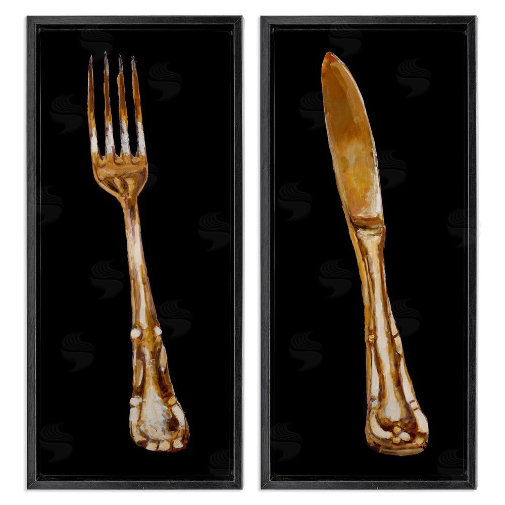 Adolf Llovea Vintage Patina Cutlery Fork Knife Kitchen  Black Floating Frame Canvas Wall Art Print
