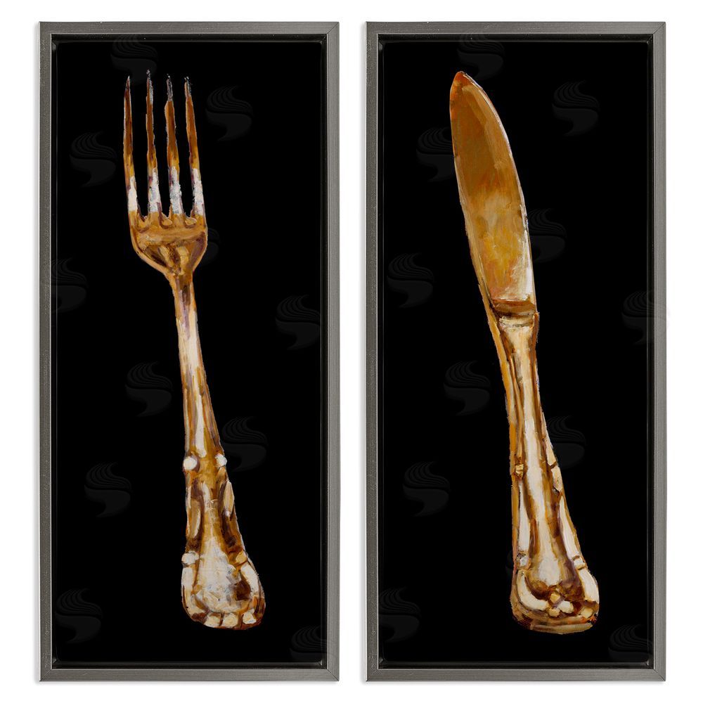 Adolf Llovea Vintage Patina Cutlery Fork Knife Kitchen  Gray Floating Frame Canvas Wall Art Print