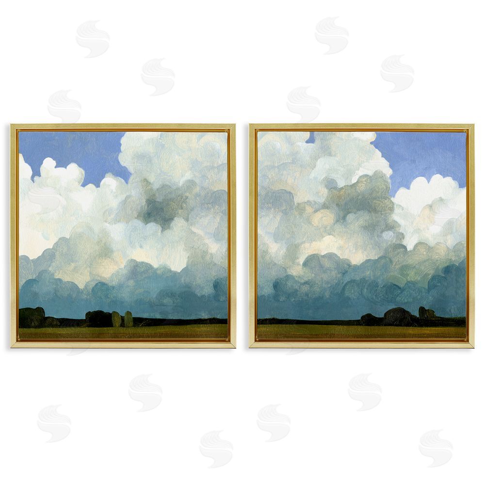 Emma Caroline Fluffy Clouds Countryside Sky Nature Gold Floating Frame Canvas Wall Art Print