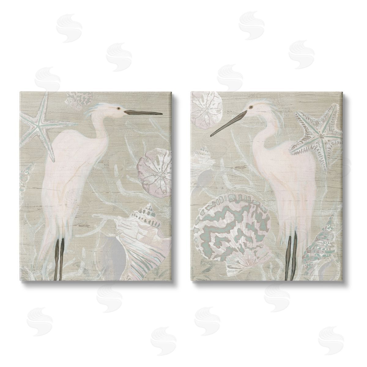 June Erica Vess White Heron Nautical Seashells Rustic Canvas Wall Art Print