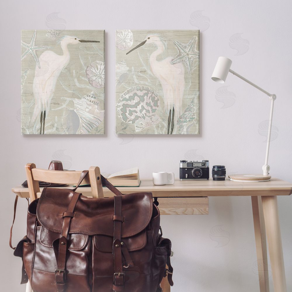 June Erica Vess White Heron Nautical Seashells Rustic Canvas Wall Art Print in Room