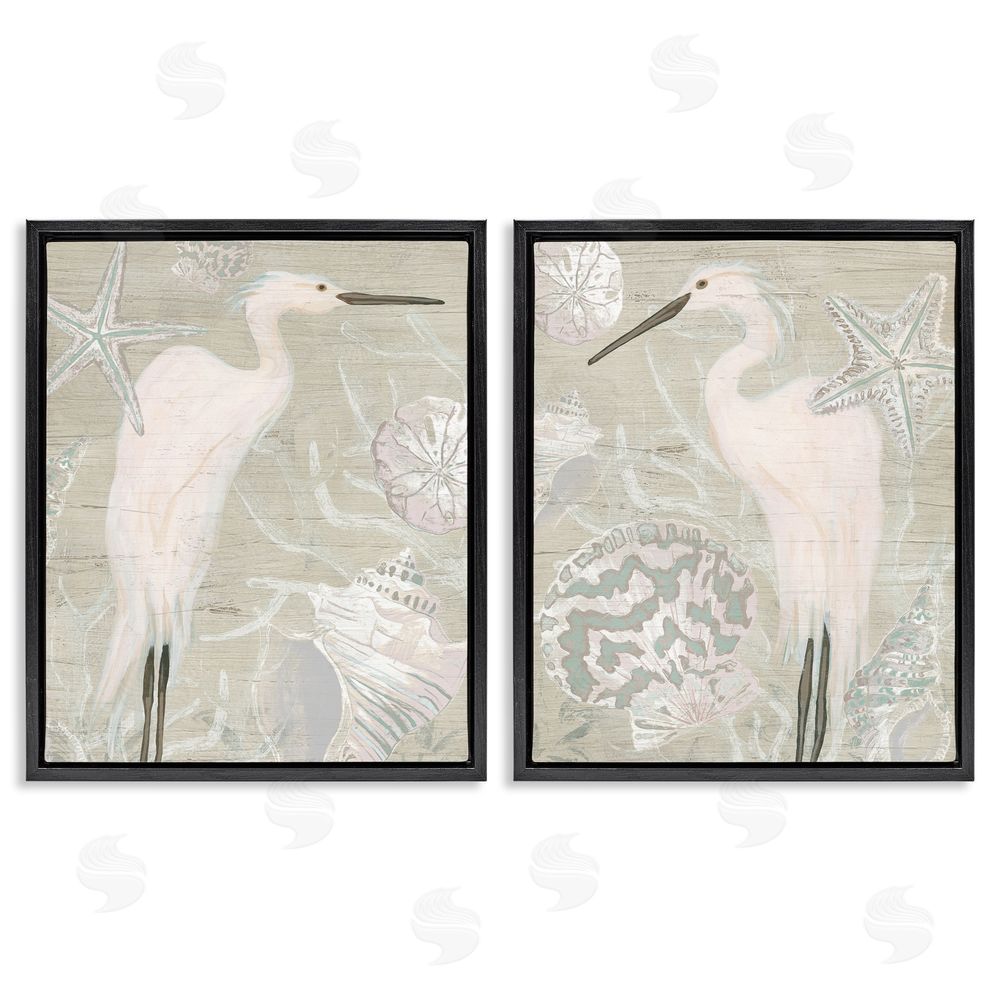 June Erica Vess White Heron Nautical Seashells Rustic Black Floating Frame Canvas Wall Art Print