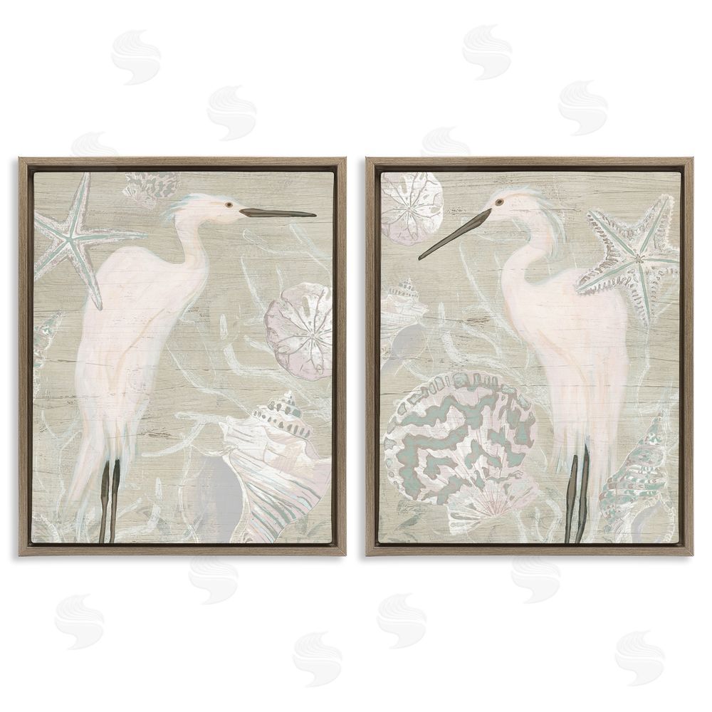 June Erica Vess White Heron Nautical Seashells Rustic Brown Floating Frame Canvas Wall Art Print