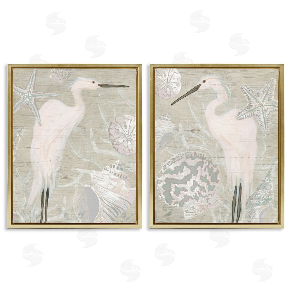June Erica Vess White Heron Nautical Seashells Rustic Gold Floating Frame Canvas Wall Art Print