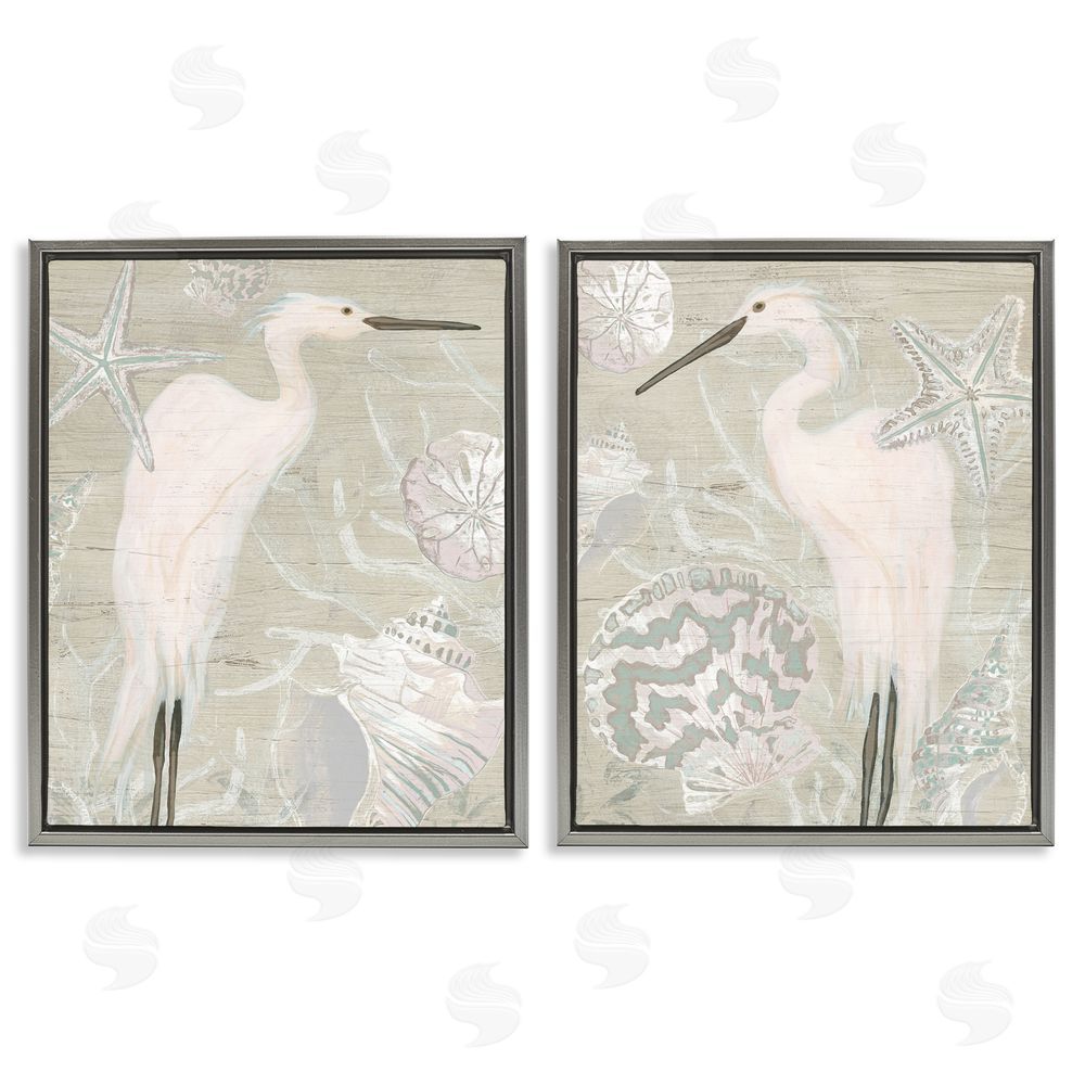 June Erica Vess White Heron Nautical Seashells Rustic Gray Floating Frame Canvas Wall Art Print