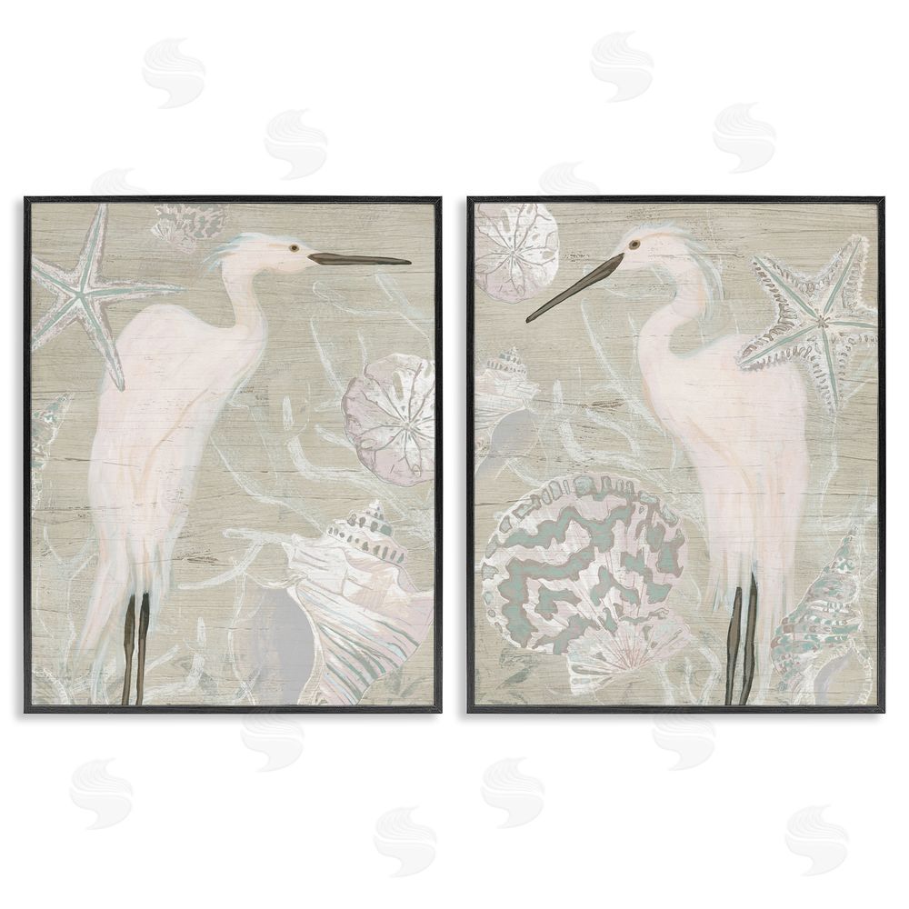 June Erica Vess White Heron Nautical Seashells Rustic Black Framed Giclee Wall Art Print