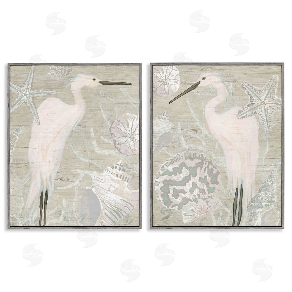 June Erica Vess White Heron Nautical Seashells Rustic Gray Framed Giclee Wall Art Print