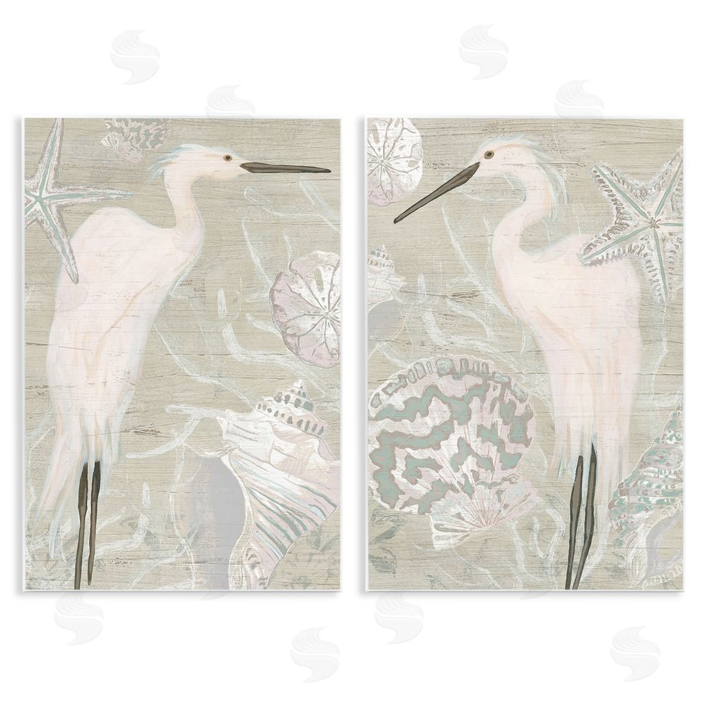 June Erica Vess White Heron Nautical Seashells Rustic Wooden Wall Plaque Art Print