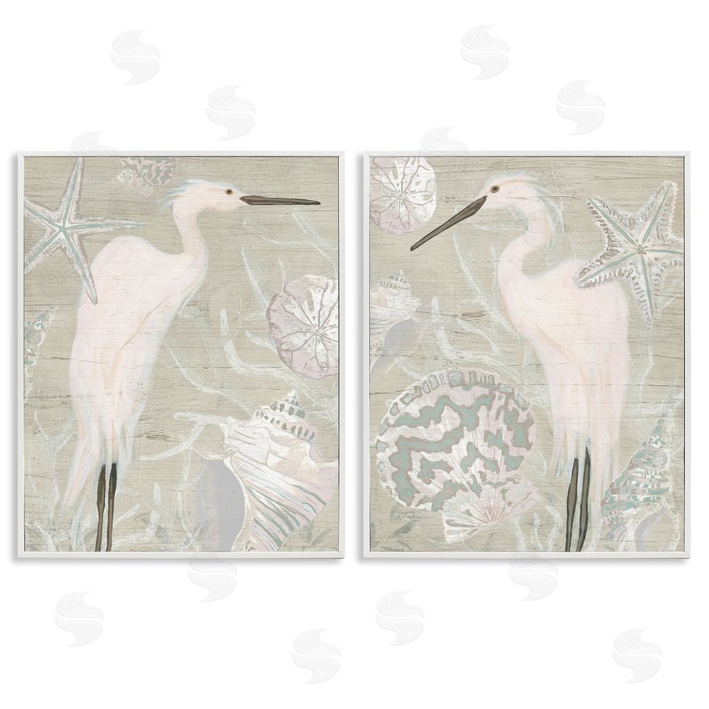 June Erica Vess White Heron Nautical Seashells Rustic White Framed Giclee Wall Art Print