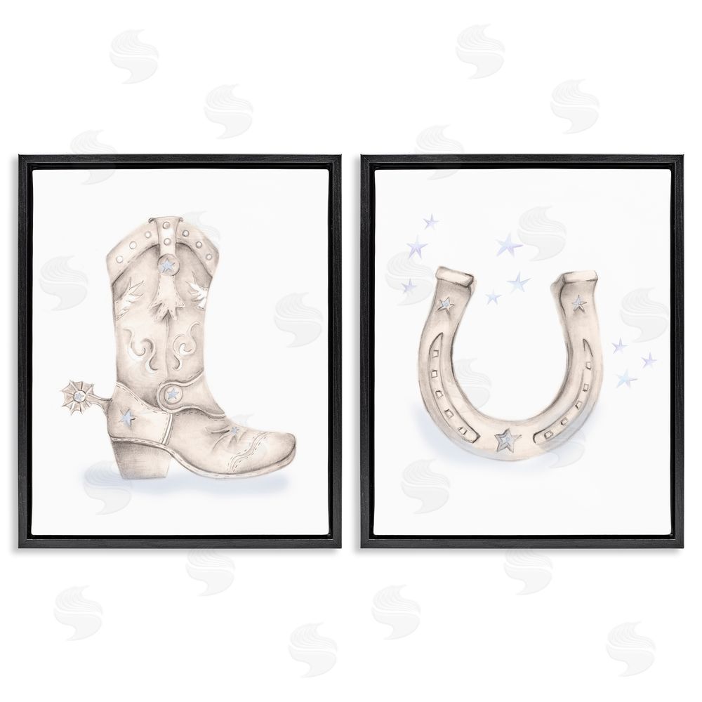 Studio Q Western Cowboy Boot Horseshoe Spur  Black Floating Frame Canvas Wall Art Print