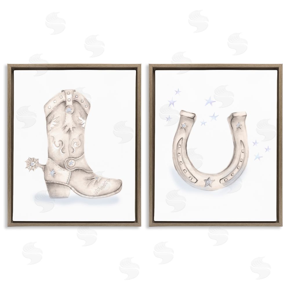 Studio Q Western Cowboy Boot Horseshoe Spur  Brown Floating Frame Canvas Wall Art Print