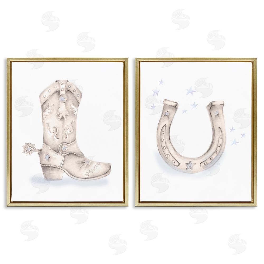 Studio Q Western Cowboy Boot Horseshoe Spur  Gold Floating Frame Canvas Wall Art Print