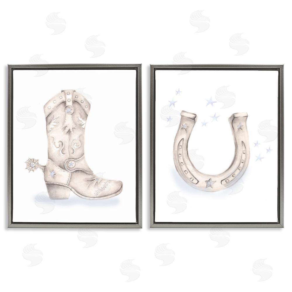 Studio Q Western Cowboy Boot Horseshoe Spur  Gray Floating Frame Canvas Wall Art Print