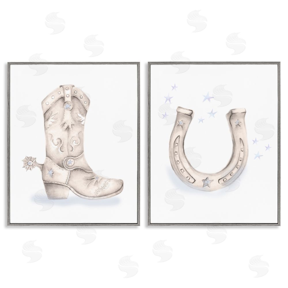 Studio Q Western Cowboy Boot Horseshoe Spur  Gray Framed Giclee Wall Art Print