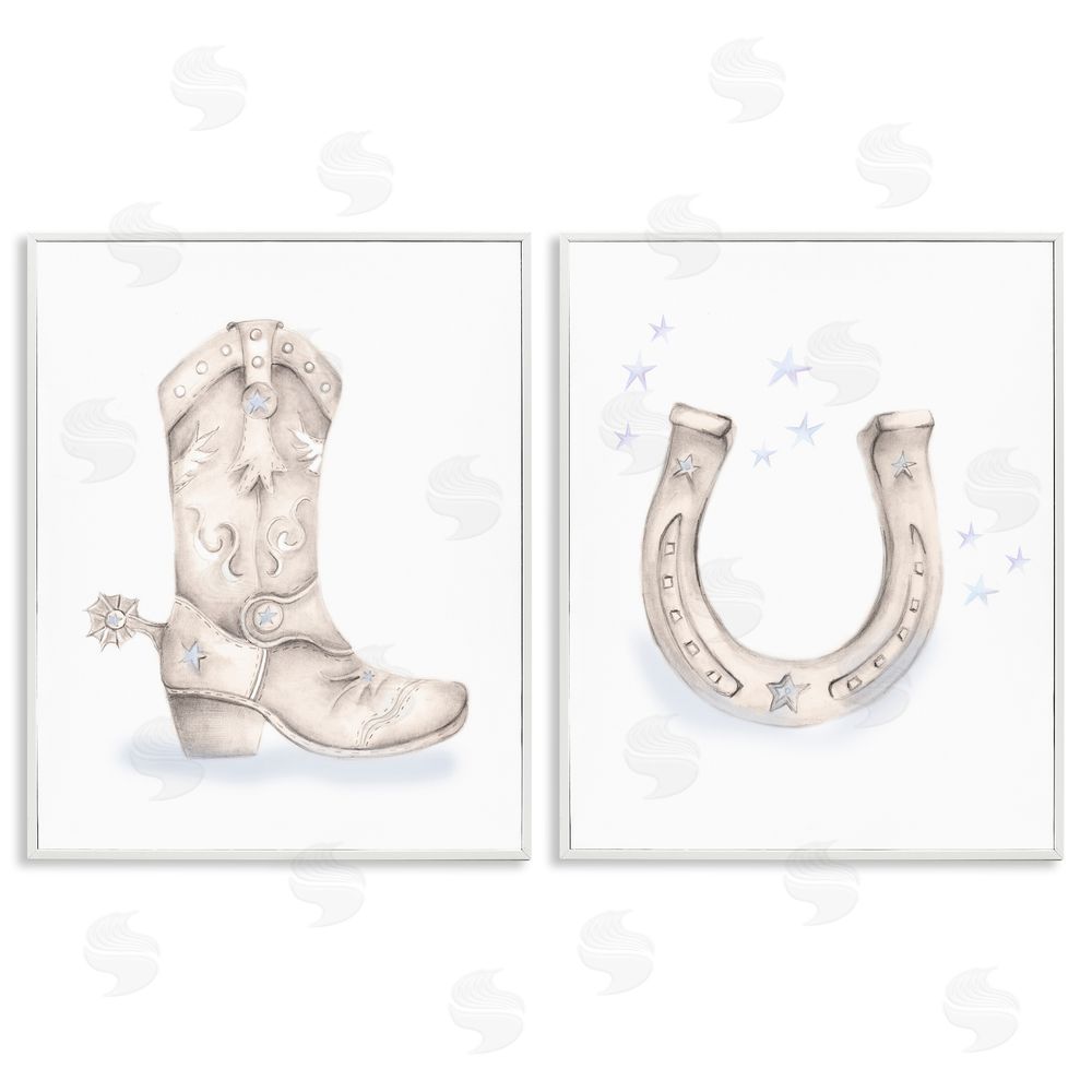 Studio Q Western Cowboy Boot Horseshoe Spur  White Framed Giclee Wall Art Print