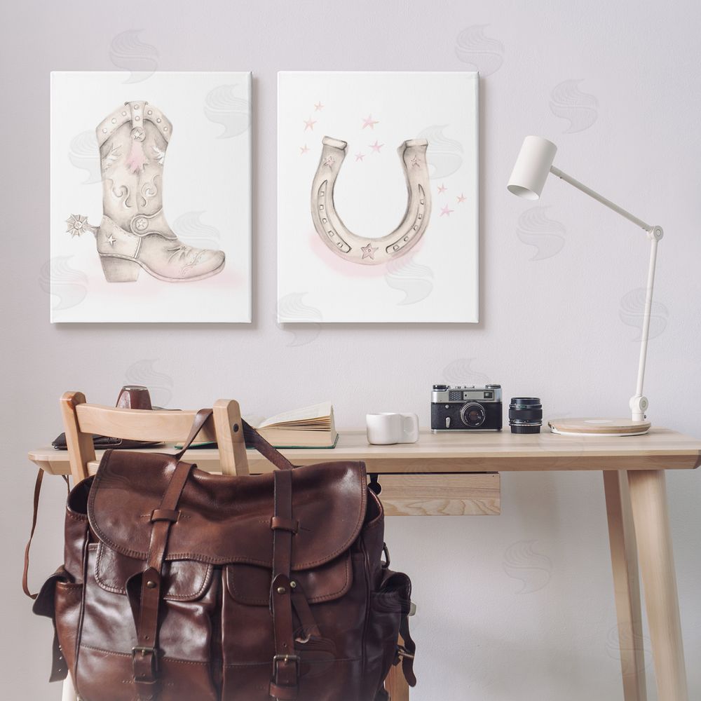 Studio Q Cowboy Boot Pink Stars Horseshoe Canvas Wall Art Print in Room