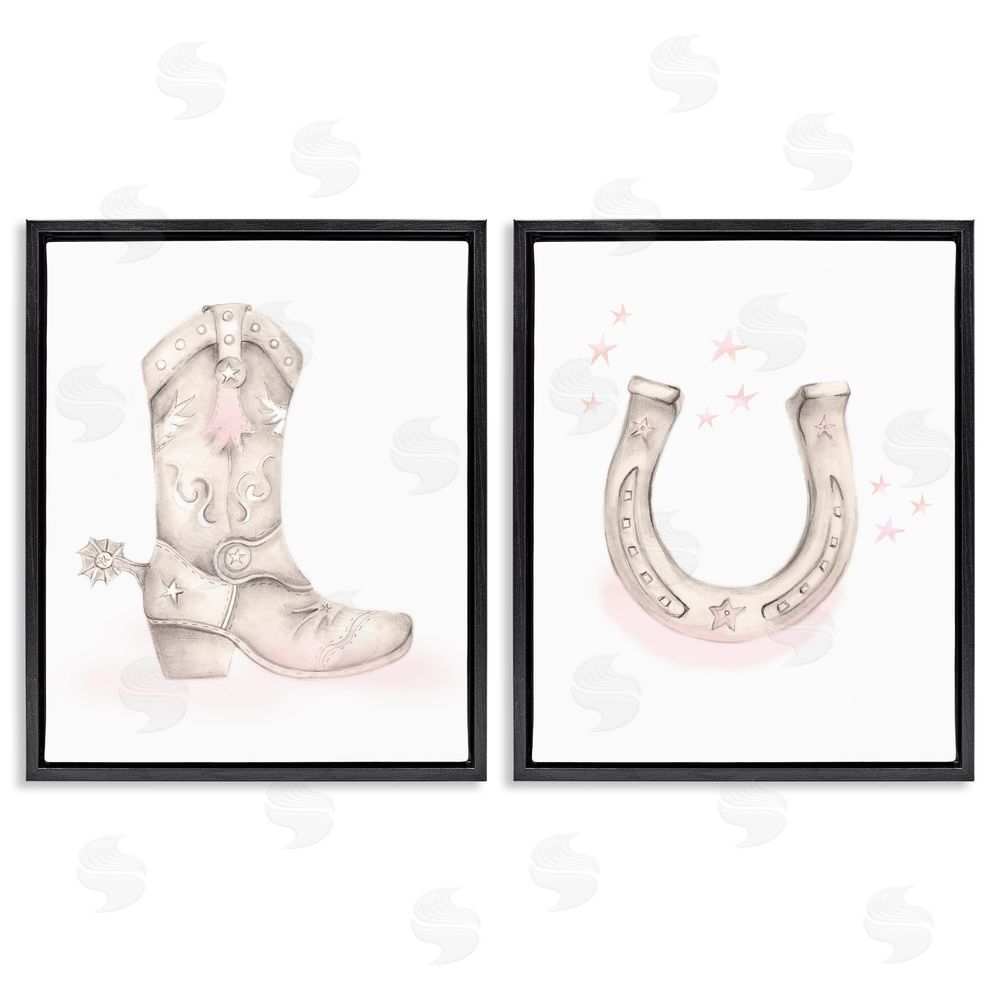 Studio Q Cowboy Boot Pink Stars Horseshoe Black Floating Frame Canvas Wall Art Print