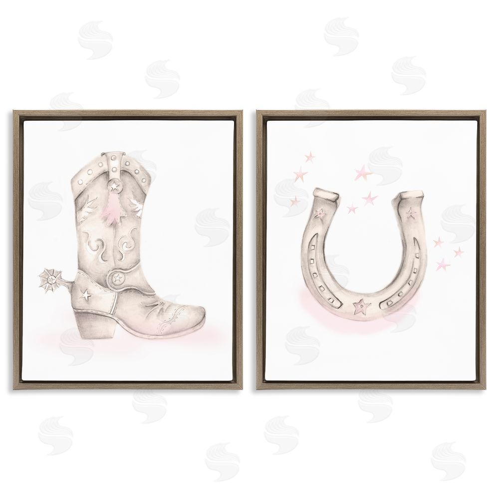 Studio Q Cowboy Boot Pink Stars Horseshoe Brown Floating Frame Canvas Wall Art Print