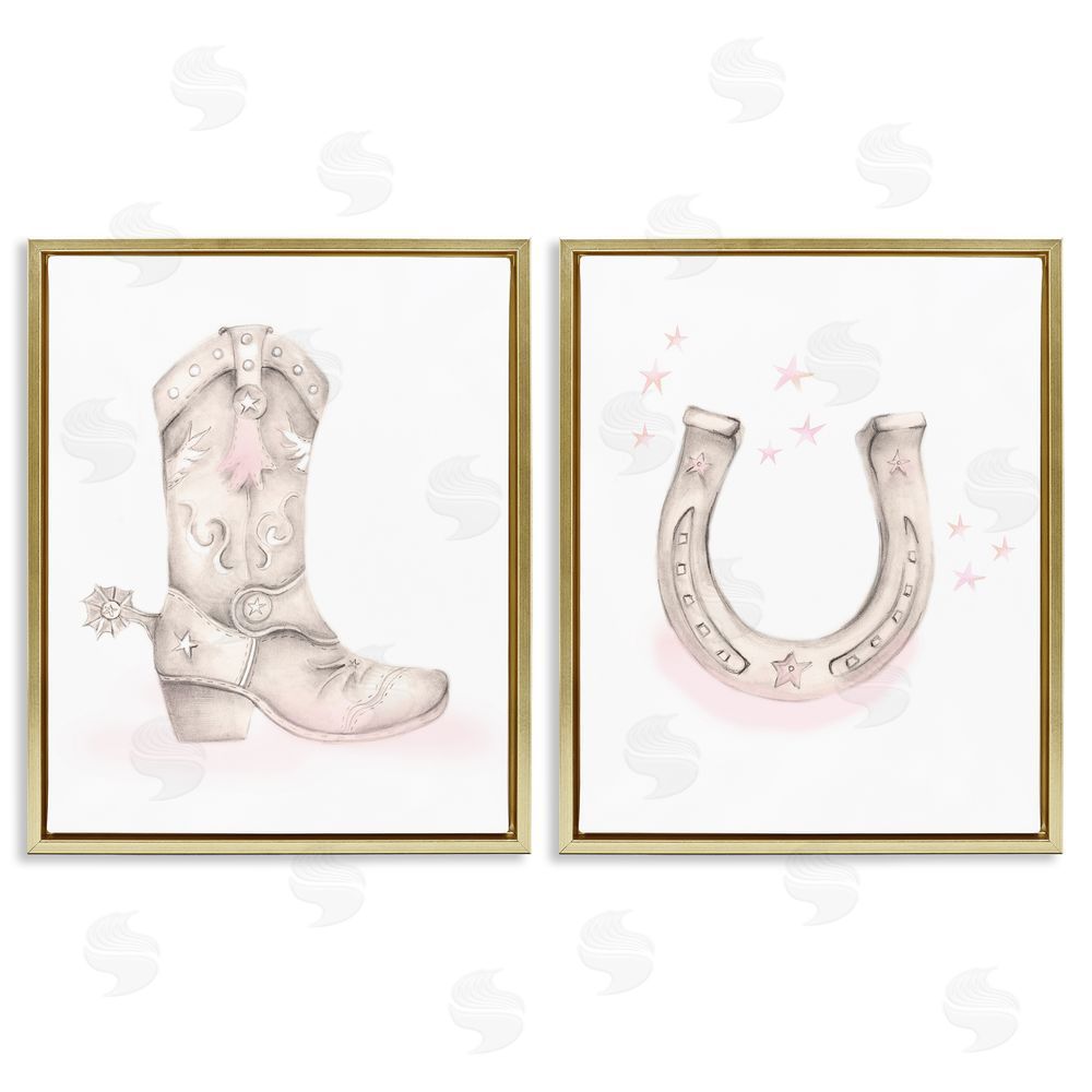 Studio Q Cowboy Boot Pink Stars Horseshoe Gold Floating Frame Canvas Wall Art Print