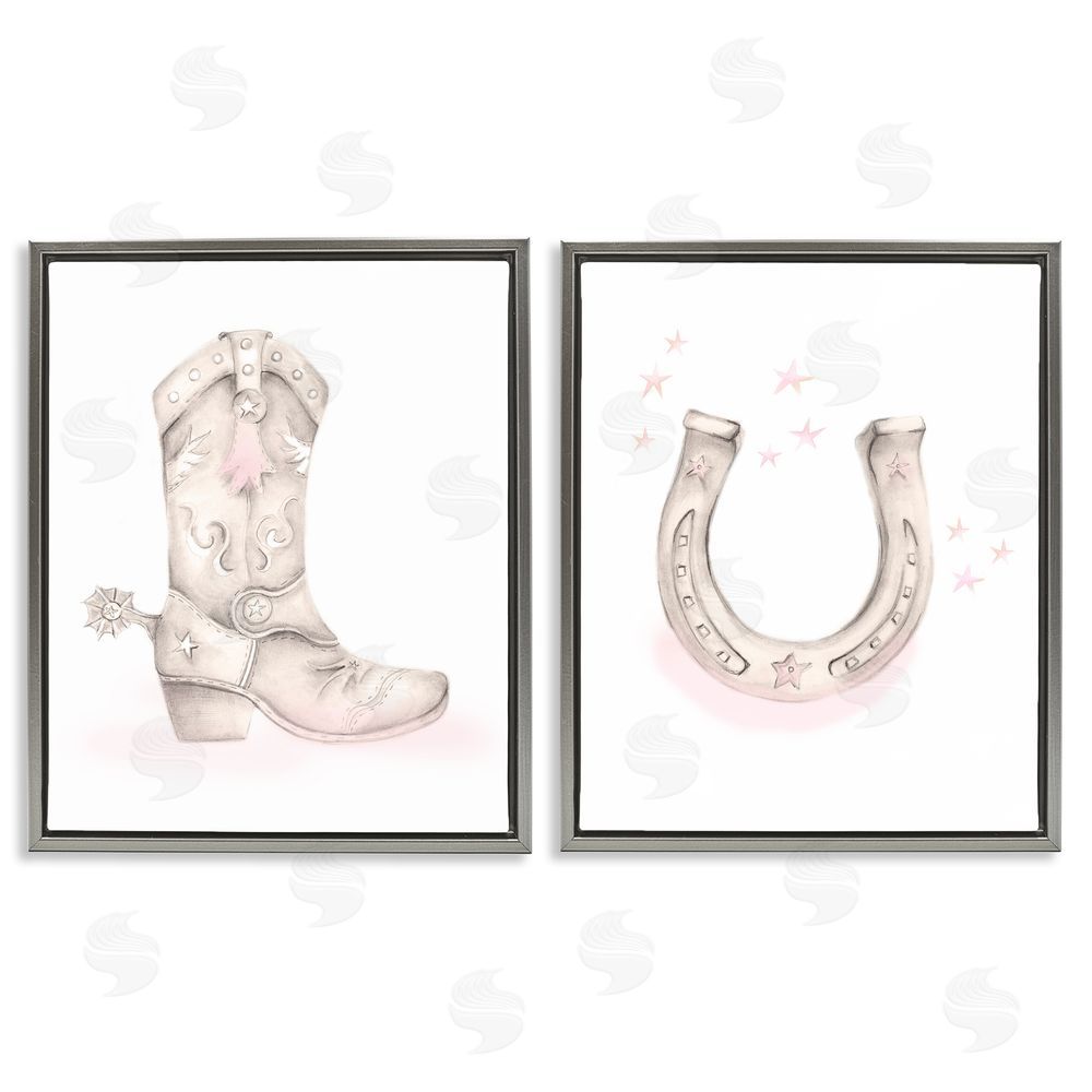 Studio Q Cowboy Boot Pink Stars Horseshoe Gray Floating Frame Canvas Wall Art Print